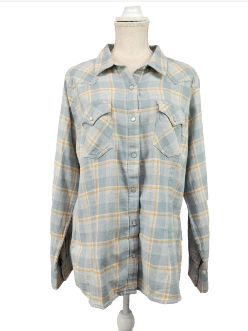 Wrangler Retro Pearl Snap Women's XL Western Shirt Blue Gray Yellow Plaid